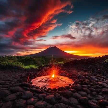 cinematic still,  an epic sunset, volcano, nature,  vibrant, realistic, professional photograph, 8k,  scenery,  <lora:HDRv1:1>
