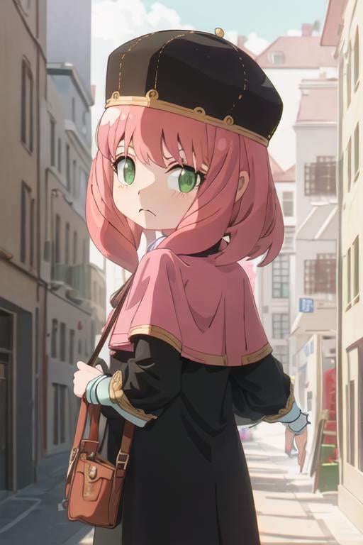 best quality, masterpiece, highres, solo, {anya_forger_spyxfamily:1.15}, pink_hair, female_child, child, green_eyes, open_mouth, bangs, chromatic_aberration, frown, hat, 2girls, closed_mouth, deerstalker, multiple_girls, capelet, looking_back