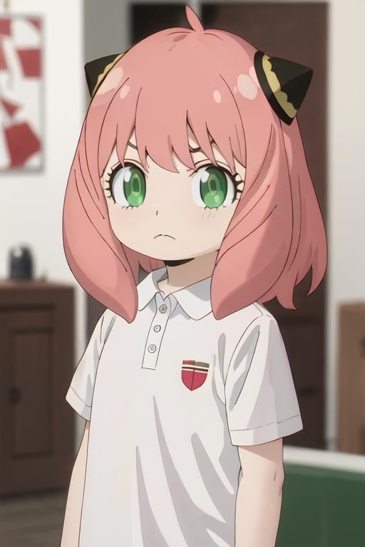best quality, masterpiece, highres, solo, {anya_forger_spyxfamily:1.15}, pink_hair, female_child, child, green_eyes, open_mouth, bangs, 1girl, closed_mouth, collared_shirt, frown, medium_hair, parody, shirt, white_shirt, looking_at_viewer, indoors, polo_shirt, v-shaped_eyebrows, anime_coloring, blurry, blurry_background, red_hairband