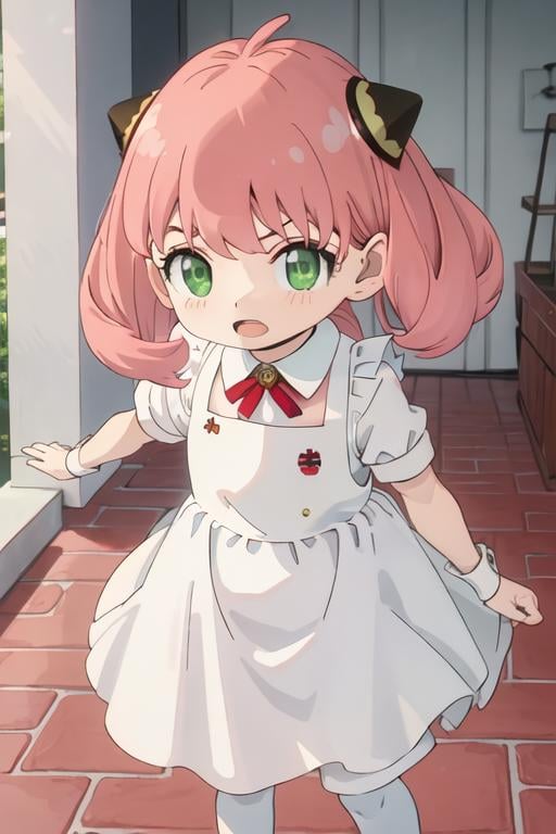 best quality, masterpiece, highres, solo, {maid:1.40}, {long maid dress:1.15}, {anya_forger_spyxfamily:1.15}, pink_hair, female_child, child, green_eyes, open_mouth, bangs