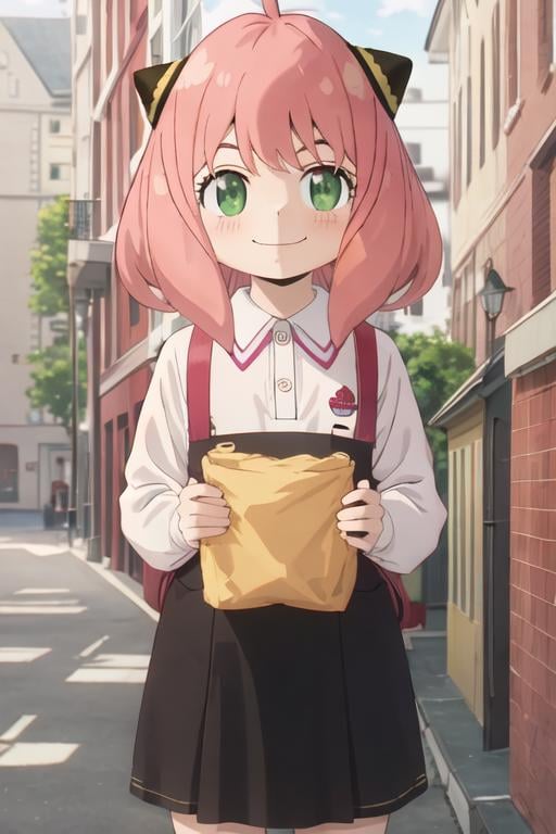 best quality, masterpiece, highres, solo, {anya_forger_spyxfamily:1.15}, pink_hair, female_child, child, green_eyes, open_mouth, bangs, 1girl, eden_academy_school_uniform, meme, school_uniform, smile, closed_mouth, smug, ahoge, blush, hairpods, medium_hair