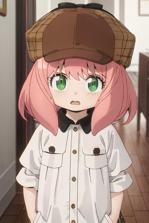 best quality, masterpiece, highres, solo, {anya_forger_spyxfamily:1.15}, pink_hair, female_child, child, green_eyes, open_mouth, bangs, 1girl, hat, deerstalker, indoors, detective, capelet, upper_body