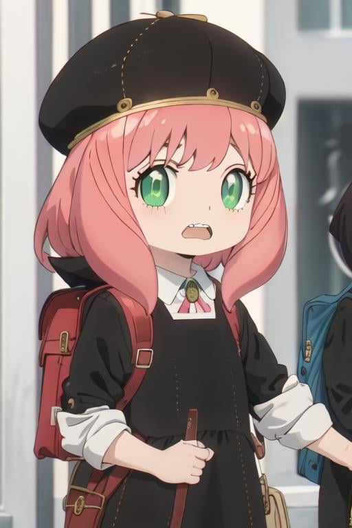 best quality, masterpiece, highres, solo, {anya_forger_spyxfamily:1.15}, pink_hair, female_child, child, green_eyes, open_mouth, bangs, 1girl, bag, eden_academy_school_uniform, hat, medium_hair, meme, school_uniform, backpack, black_dress, black_headwear, long_sleeves, shirt, white_shirt, clenched_hands, constricted_pupils, dress, teeth, upper_body, upper_teeth_only, wide-eyed