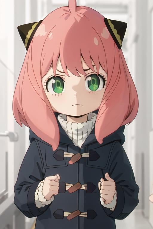 best quality, masterpiece, highres, solo, {anya_forger_spyxfamily:1.15}, pink_hair, female_child, child, green_eyes, open_mouth, bangs, 1girl, closed_mouth, meme, ahoge, upper_body, frown, medium_hair