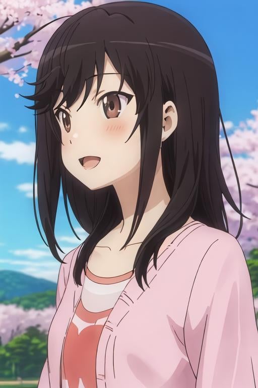 best quality, masterpiece, highres, solo, {ichijou_hotaru_nonnonbiyori:1.15}, black_hair, long_hair, brown_eyes, blush, brown_hair, 1girl, bangs, collarbone, outdoors, blue_sky, day, sky, tree, anime_coloring, cloud, looking_at_viewer, open_mouth, blurry, upper_body, cherry_blossoms, portrait, shirt