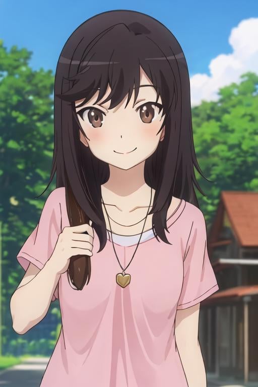 best quality, masterpiece, highres, solo, {ichijou_hotaru_nonnonbiyori:1.15}, black_hair, long_hair, brown_eyes, blush, brown_hair, 1girl, cloud, day, outdoors, pink_shirt, shirt, sky, smile, blue_sky, blurry, anime_coloring, collarbone, jewelry, necklace, tree, upper_body, looking_at_viewer, short_sleeves