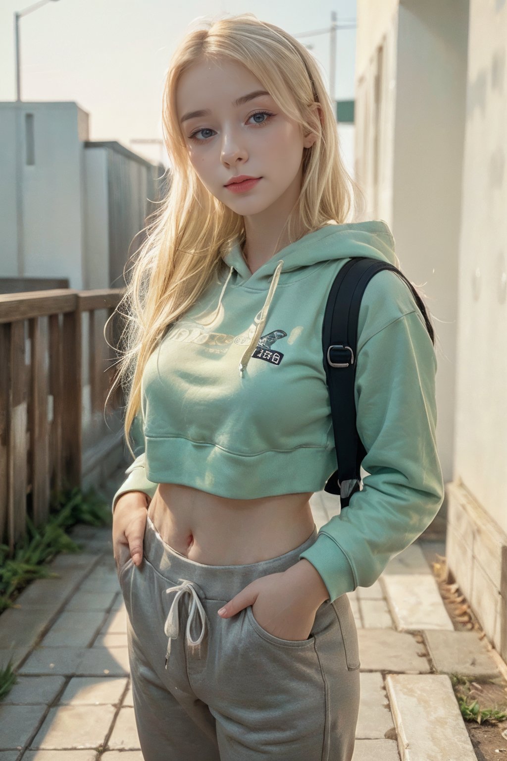 (Cute Loose Bob hair), (wearing a cropped hoodie, capri sweatpants:1. 5), (hands in pockets:1. 5), (red lips:1. 3), (small breasts:1. 3), (toned stomach:1. 3), (eyelashes:1. 2), (aegyo sal:1. 2), beautiful detailed eyes, symmetrical eyes, (detailed face), dramatic lighting, (photorealism:1. 5), (photorealistic:1. 4), (8k, RAW photo, masterpiece), High detail RAW color photo, professional photo, realistic, (highest quality), (best shadow), (best illustration), ultra high resolution, highly detailed CG unified 8K wallpapers, physics-based rendering, photo, realistic, realism, high contrast, hyperrealism, photography, f1. 6 lens, rich colors, hyper-realistic lifelike texture, cinestill 800, ,<lora:users_LORA_614422834634253146_yuzu2:0.6>, <lora:bul3-04:1>