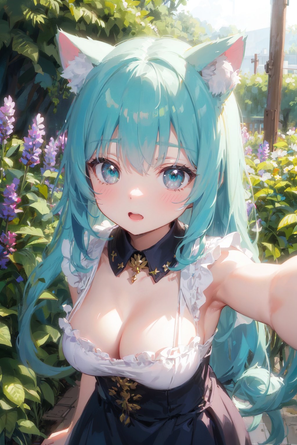 masterpiece,best quality, kawaii background, extremely detailed fine touch, highres, wallpaper, ray tracing, sunlight, ///,solo, 1girl, perfect female body, breasts, (cleavage:0.8), cat ears, animal ear fluff, Bronze hair, Absurdly long hair, luminous eyes, bangs, light blush, delighted,aqua skirt,  (portrait:1.2), face focus,outdoors, pine tree, lavender \(flower\), clover, lawn, garden,