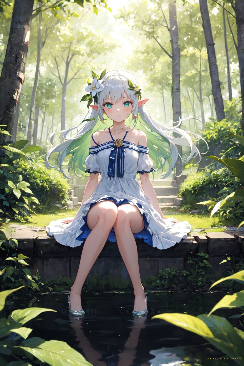 masterpiece,best quality,(ray tracing, reflection light),sunlight,solo, 1girl, full body, sitting, looking at viewer, elf girl, long hair, green hair, [green|blue] eyes, dress, white hair flower, hair ornament, wind, leaf, tree, forest