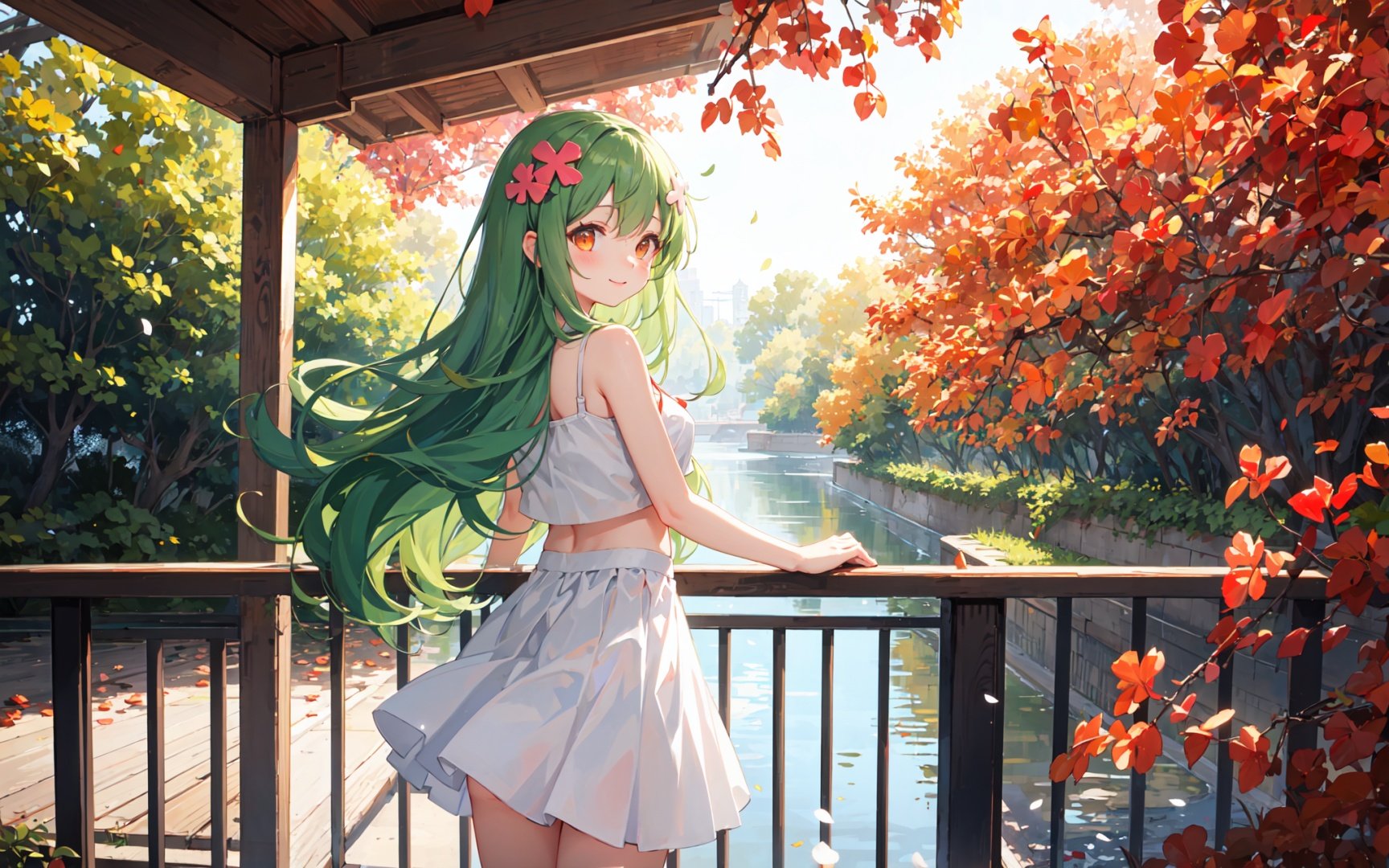 masterpiece, best quality, sunlight,red leaves fluttering,from behind,white skirt solo,leaning against the railing,a sweet smile,pixiv masterpiece,1girl,cute,kawaii,small breasts,green hair,orange eyes,clover hair ornament,long hair,disheveled hair,messy hair,