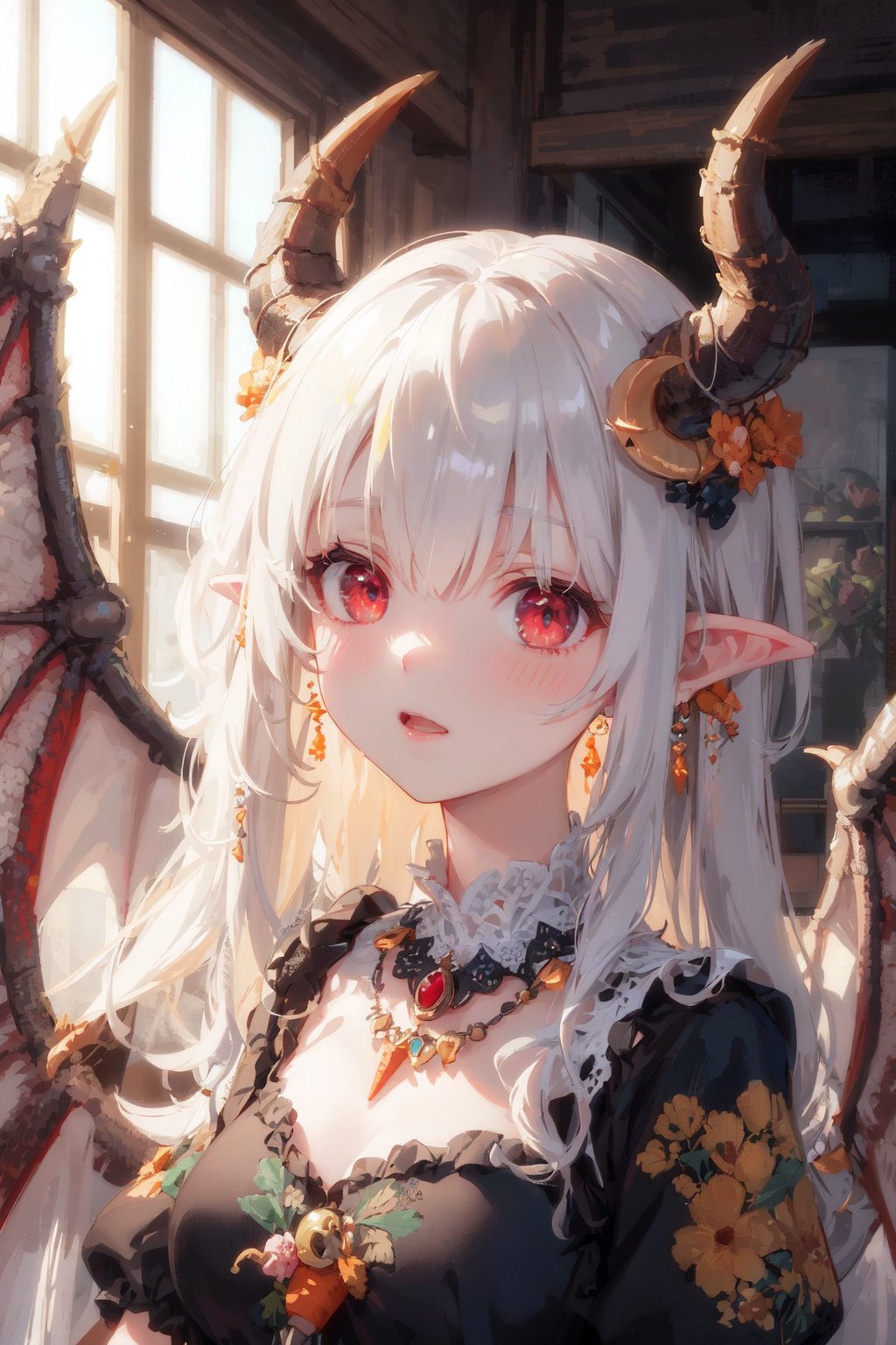 Masterpiece, best quality, ultra-detailed, color full, God rays, ray tracing, beautiful detail eyes, extremely detailed, highres, best quality, an extremely detailed and delicate, 8k cg wallpaper,(Dragon girl), Dragon tail, Dragon Wings, Dragon horns, red eyes,(portrait:1.3),hair ornament, jewelry, crescent hair ornament, carrot hair ornament, hair beads, necklace, bow,long hair, pointy ears,dress,