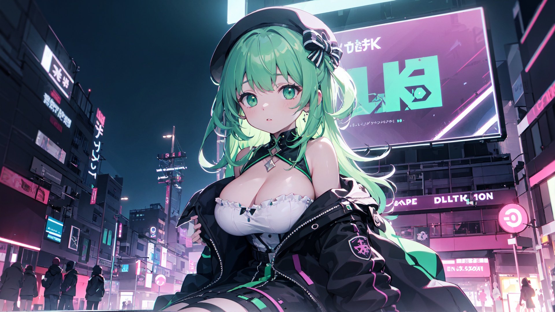 masterpiece, best quality, extremely detailed CG unity 8k wallpaper,game_cg, artbook, wallpaper, colorful,1girl, beret, bowknot on beret, wearing an off- shoulder floating jacket,  wavy delicate hair, delicate face, bare shoulder, sitting on the top of the building,   beautiful and delicate eyes, solo, big breasts, delicate background, streets with neon lights,wide shot,green fluorescent paint, noline art, silhouette, partially colored, (alternate color), (green and dark violet), dark violet shadow, (synth wave), (chromatic aberration), (((thick) outline)), green outline, green neon lights, perfect shadow,