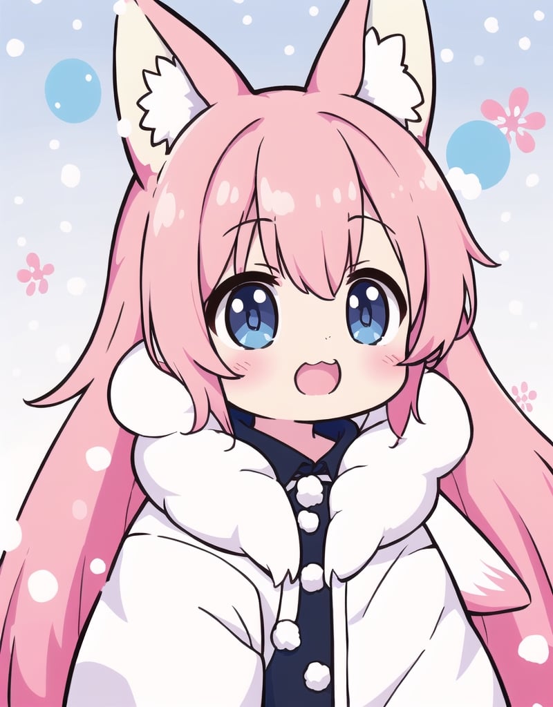 ((masterpiece)), ((best quality)), (ultra-detailed), ((kawaii)), cute, (lovely), office, winter, a little girl, child, solo, kindergarten, beautiful pink hair, ((beautiful eyes)), Jagged teeth, fox ears, flowers, snow effect