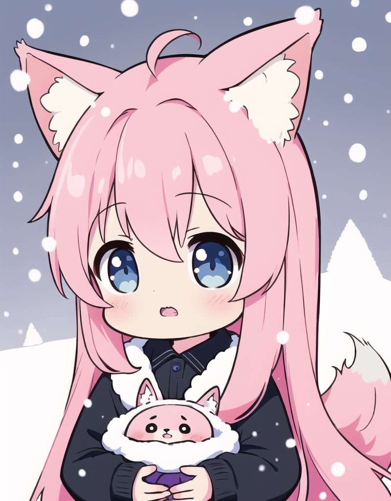 ((masterpiece)), ((best quality)), (ultra-detailed), ((kawaii)), cute, (lovely), office, winter, a little girl, child, solo, kindergarten, beautiful pink hair, ((beautiful eyes)), Jagged teeth, fox ears, flowers, snow effect