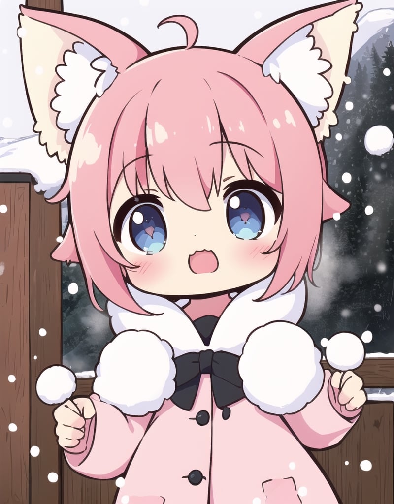 ((masterpiece)), ((best quality)), (ultra-detailed), ((kawaii)), cute, (lovely), office, winter, a little girl, child, solo, kindergarten, beautiful pink hair, ((beautiful eyes)), Jagged teeth, fox ears, flowers, snow effect