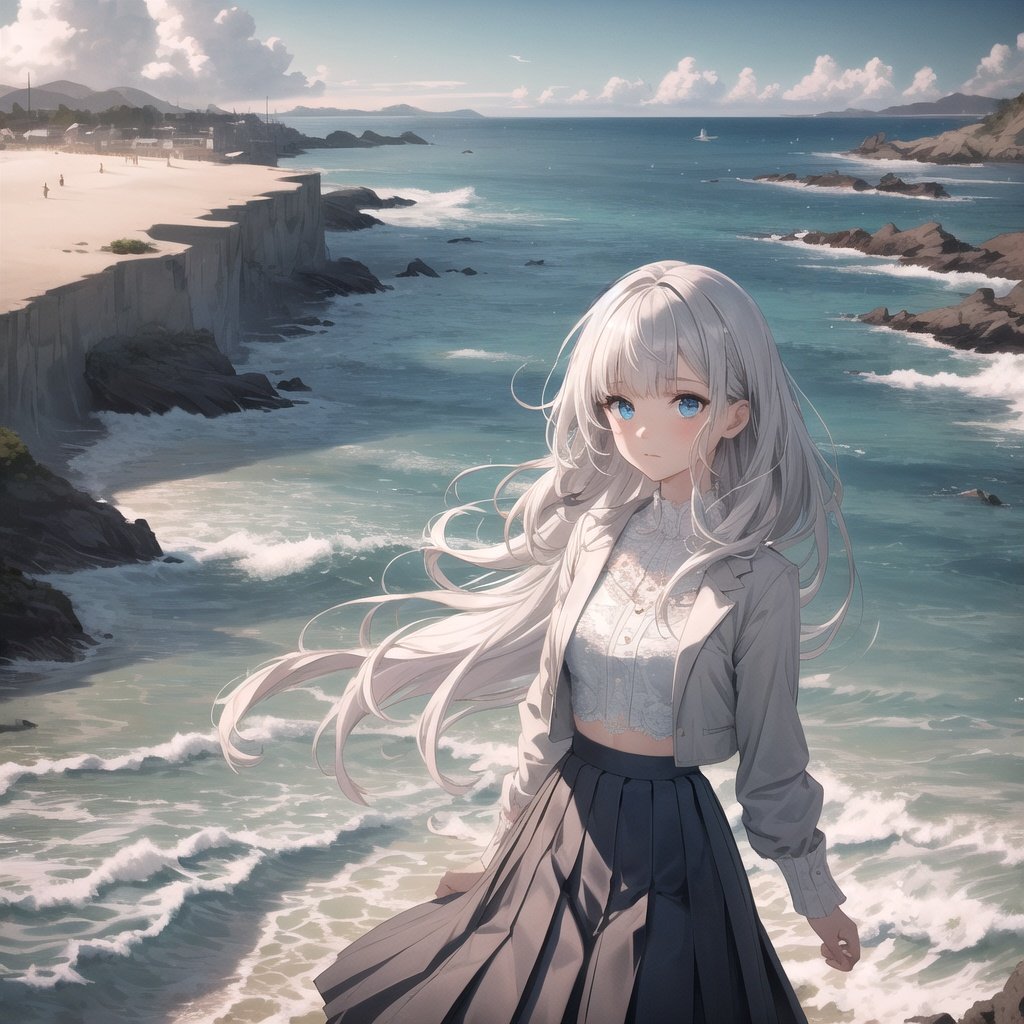 (2.5D),True Texture,masterpiece, best quality, 8k wallpaper, beautiful detailed starry sky, beautiful detailed eyes, best quality, beautiful detailed water, beautiful detailed glow,artbook, landscape/scenery,(1girl),short hair, hair strand, silver hair,(blueeyes:1.2), clear skies, (sandybeach), (wavyhair), (longhair), (lace, pleated_skirt), cropped jacket),(oceanview),dramatic shadows,cinematic lighting,