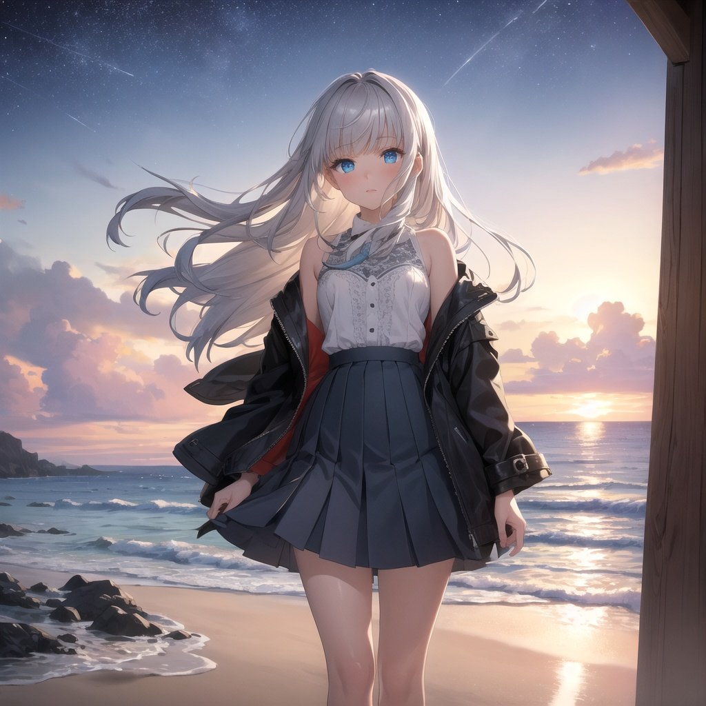 (2.5D),True Texture,masterpiece, best quality, 8k wallpaper, beautiful detailed starry sky, beautiful detailed eyes, best quality, beautiful detailed water, beautiful detailed glow,artbook, landscape/scenery,(1girl),short hair, hair strand, silver hair,(blueeyes:1.2), clear skies, (sandybeach), (wavyhair), (longhair), (lace, pleated_skirt), cropped jacket),(oceanview),dramatic shadows,cinematic lighting,