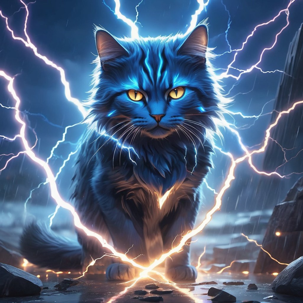 (Masterpiece, high quality, best quality, official art, beauty and aesthetics:1.2),thunder,composed of elements of thunder,cat,no humans,glowing,glowing eyes,blue theme,