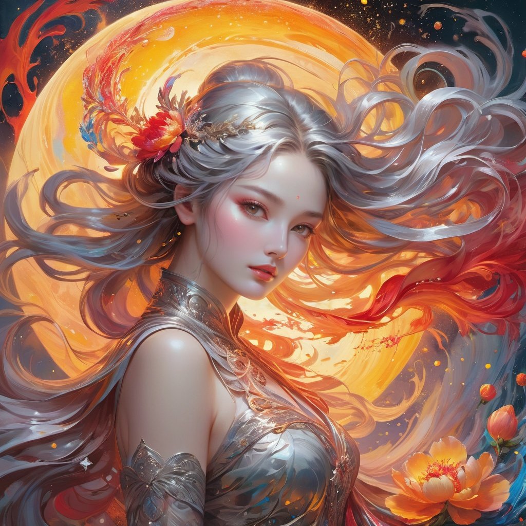 Jupiter, splash art, a close up liquid luminous moon lady made of colors, silver, red, orange, light yellow, grey golden, liquid fire peony flowers, filigree, filigree detailed, swirling fire flames, Galaxy, color drops, color waves, moonlight, splash style of colorful paint, hyperdetailed intricately detailed, unreal engine, fantastical, intricate detail, splash screen, complementary colors, fantasy, concept art, 8k resolution, masterpiece, oil painting, heavy strokes, paint dripping, splash arts, fantasy art, concept art, centered composition perfect composition, centered, intricated pose, intricated