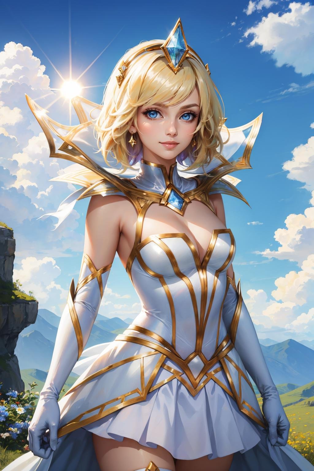 masterpiece, best quality, <lora:elelux-nvwls-v1-000009:0.9> lgtlux, blonde hair, tiara, white dress, white gloves, white thighhighs, upper body, looking at viewer, smile, sun, clouds, blue background