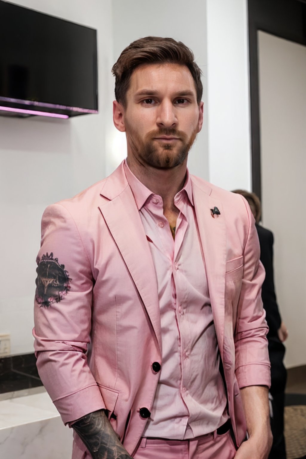 m3ss1, male focus, facial hair, beard, upper body, wearing pink suit, arm tattoo, tattoo, looking at viewer,, <lora:m3ss1-04:0.8>