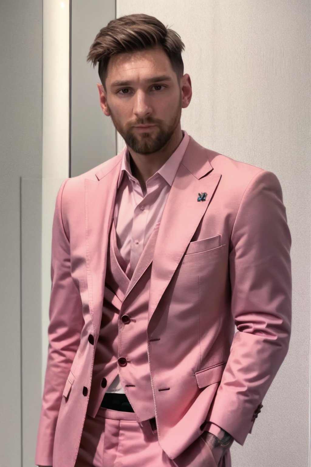 m3ss1, male focus, facial hair, beard, upper body, wearing pink suit, arm tattoo, tattoo, looking at viewer,, <lora:m3ss1-04:0.8>