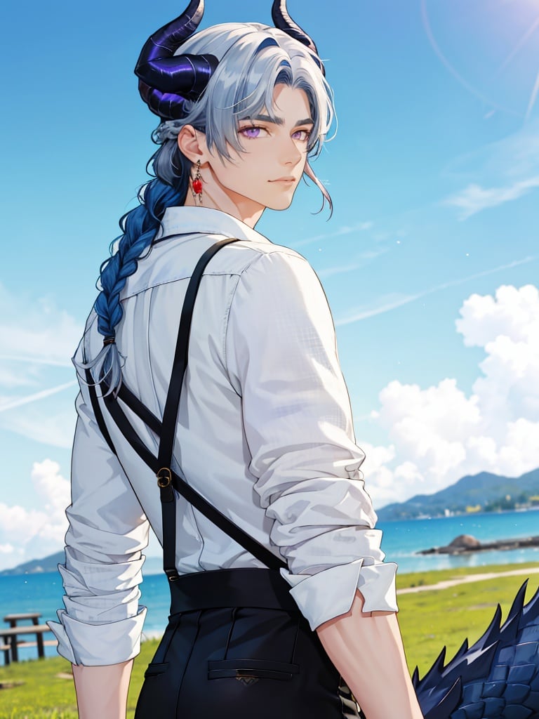 long hair, horns, 1boy, male focus, purple eyes, solo, braid, shirt, looking at viewer, white shirt, blue hair, multicolored hair, jewelry, white hair, bishounen, earrings, looking back, back, dragon boy,<lora:未定事件铺画风-000001:1>,wdsjp, best quality,masterpiece,highres,