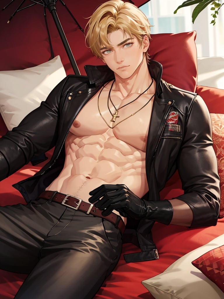 1boy, male focus, gloves, pectorals, blonde hair, jewelry, see-through, black gloves, pants, solo, short hair, necklace, umbrella, belt, abs, holding, bed, pectoral cleavage, jacket, pillow, open clothes, muscular, feet out of frame,<lora:未定事件铺画风-000001:1>,wdsjp, best quality,masterpiece,highres,