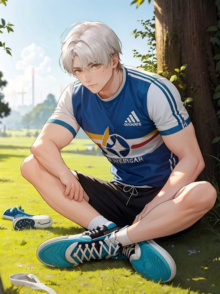 1boy, male focus, solo, white hair, sportswear, grass, arthur pendragon \(fate\), indian style, shoes, shorts, sitting, sneakers,<lora:未定事件铺画风-000001:1>,wdsjp, best quality,masterpiece,highres,