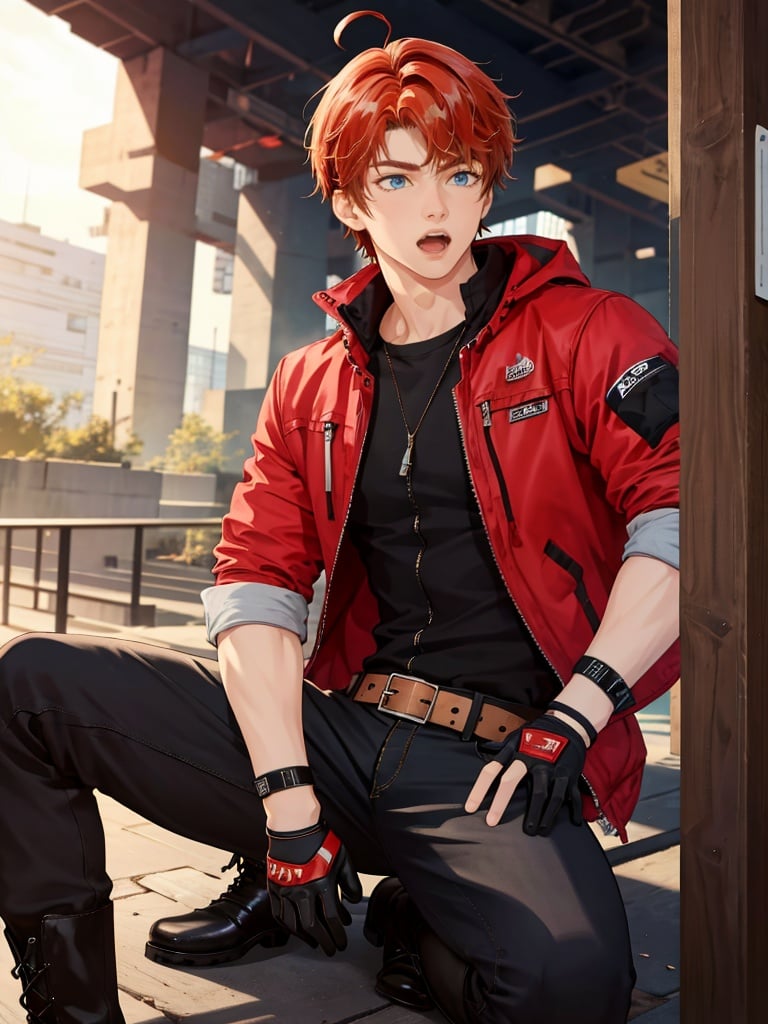 1boy,red hair,male focus,red jacket,armband,belt collar,pants,single mechanical arm,single fingerless glove,blue eyes,short hair,belt,shirt,ahoge,boots,open mouth,holding,<lora:未定事件铺画风-000001:1>,wdsjp, best quality,masterpiece,highres,