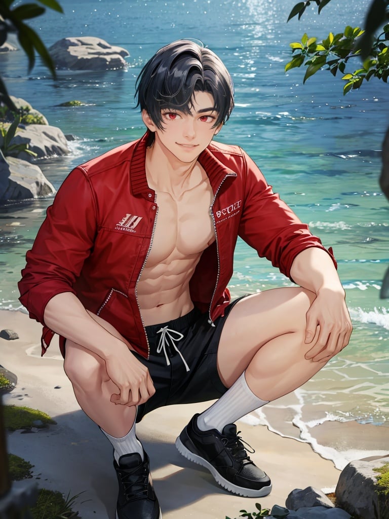 1boy, male focus, solo, jacket, black hair, holding, shorts, water, looking at viewer, full body, horns, short hair, multicolored hair, open clothes, red jacket, navel, rock, shoes, red eyes, white shorts, open jacket, socks, smile, shirt, collarbone, pectorals,<lora:未定事件铺画风-000001:1>,wdsjp, best quality,masterpiece,highres,