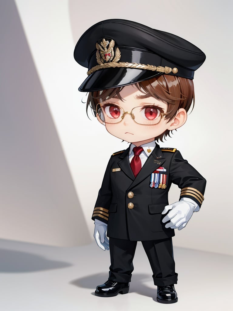 1boy, chibi, uniform, glasses, male focus, military, military uniform, hat, red eyes, necktie, gloves, solo, white gloves, black hair, short hair, peaked cap, brown hair,<lora:未定事件铺画风-000001:1>,wdsjp, best quality,masterpiece,highres,