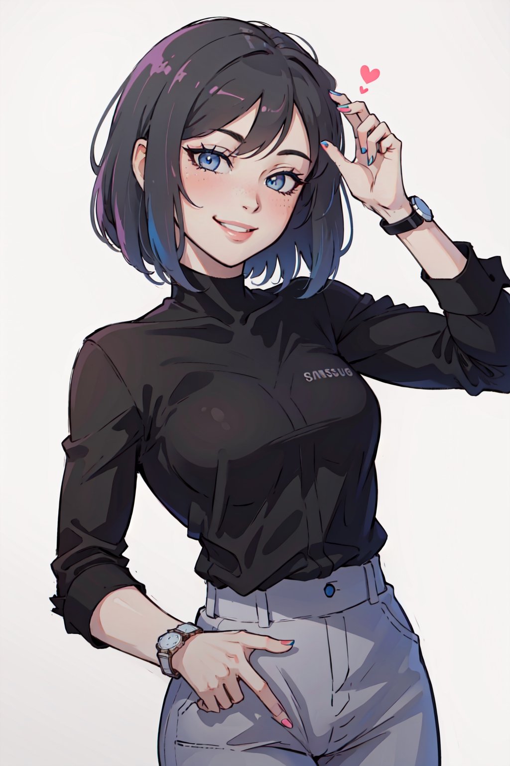 1girl - Blue eyes - Bob haircut - grey high-waist pants - wristwatch - warm smile - light red blush,Blue eyes, Samsung sam