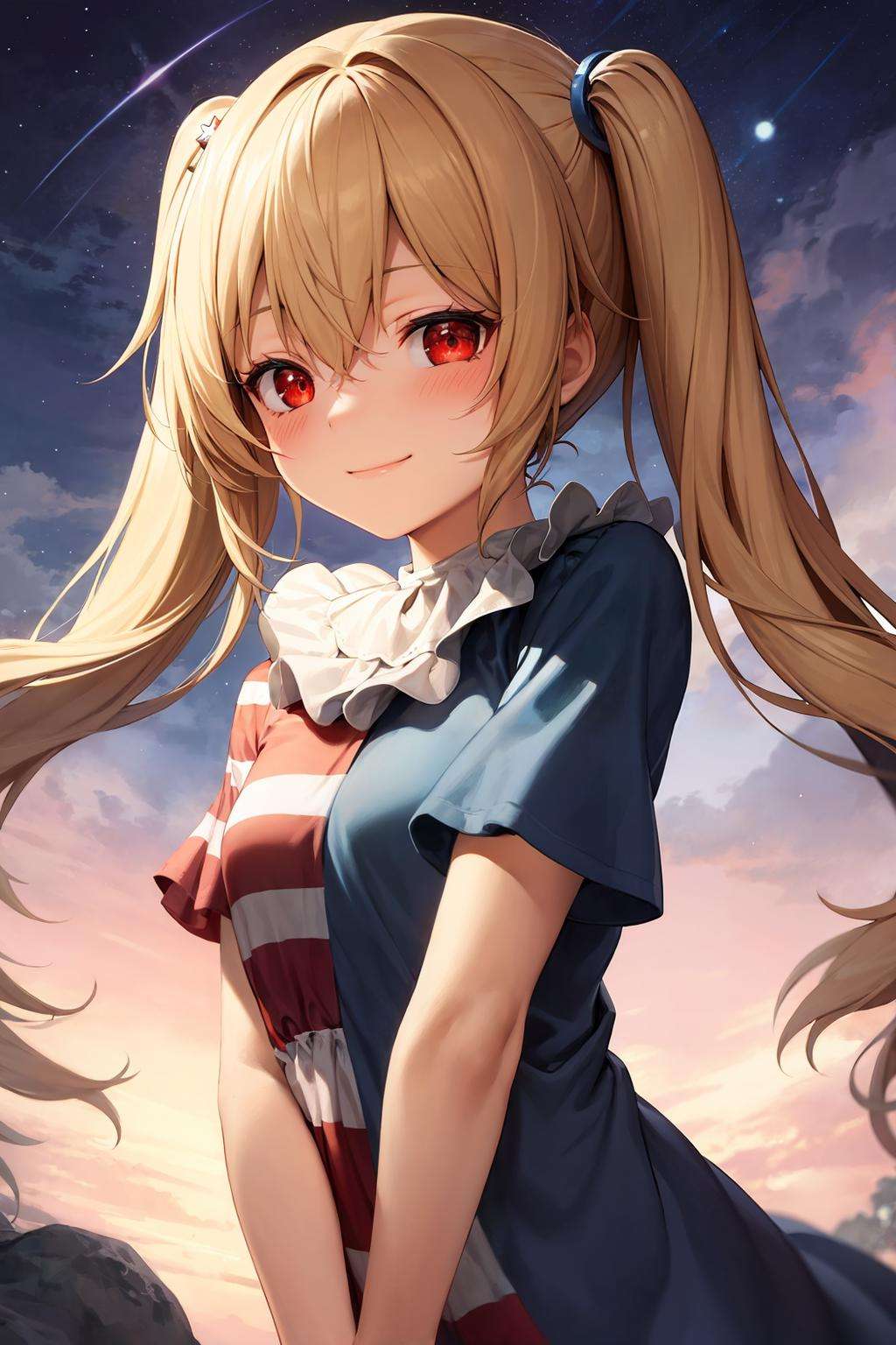 masterpiece, best quality,  <lora:Clownpiece:1>,1girl, solo, smile, twintails, blonde hair, long hair, star (symbol), hair ornament, star print, star hair ornament, looking at viewer, dress, short sleeves, red eyes, alternate hairstyle, blush, holding, american flag dress, neck ruff, hair between eyes, upper body