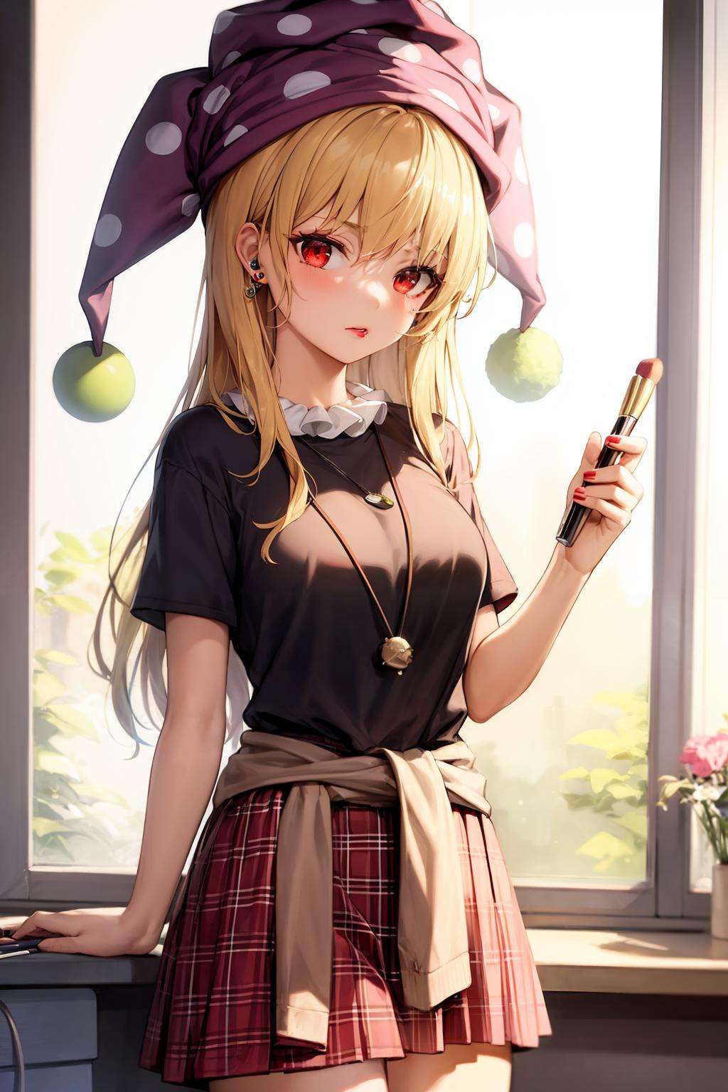 masterpiece, best quality,  <lora:Clownpiece:1>,1girl, solo, hat, long hair, blonde hair, jester cap, lipstick tube, cosmetics, skirt, polka dot, shirt, alternate costume, clothes around waist, looking at viewer, short sleeves, red eyes, plaid, makeup, applying makeup, earphones, plaid skirt, jewelry