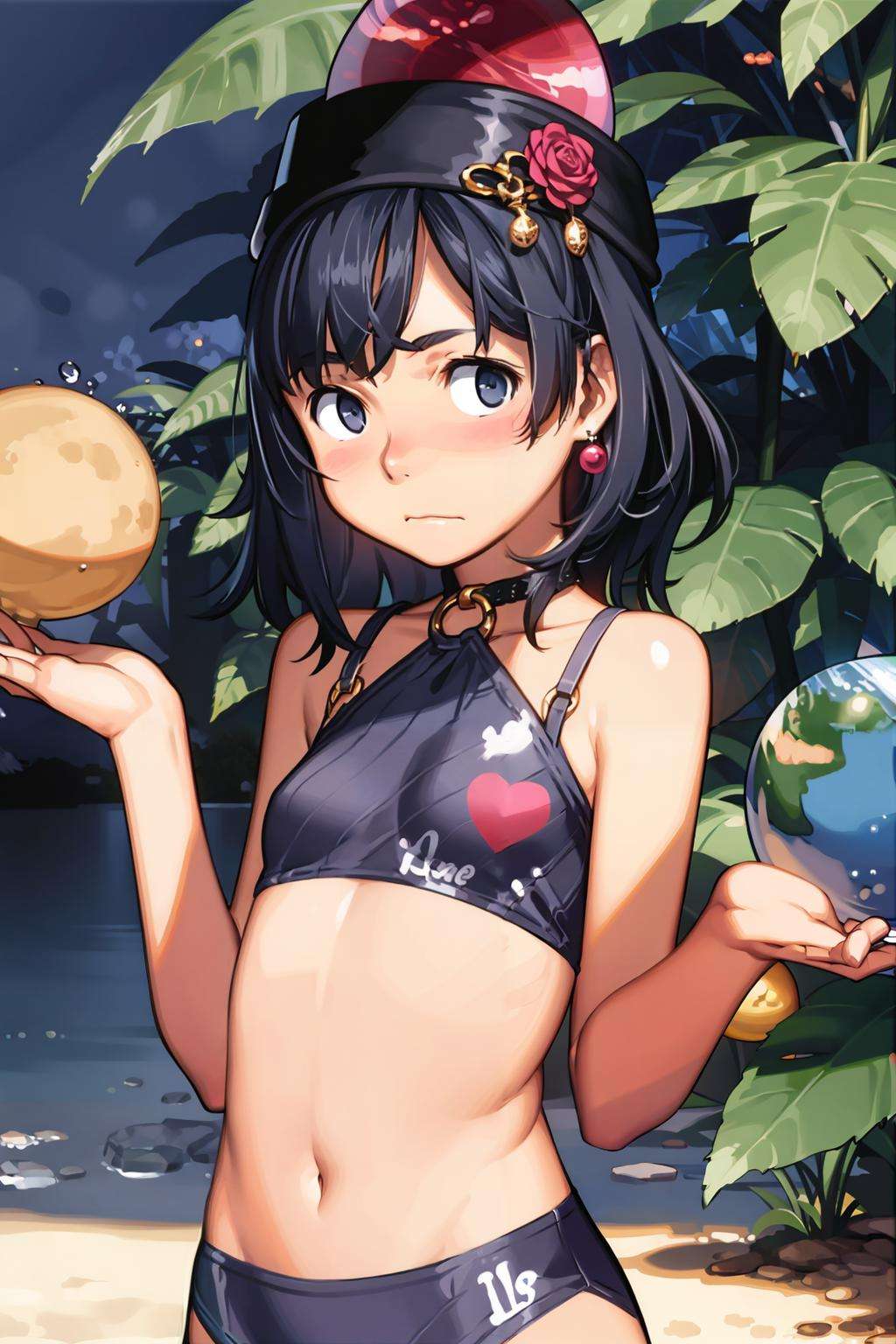 masterpiece, best quality, <lora:HecatiaLapislazuli:1>,  <lora:comiclo:1>,1girl, solo, blue eyes, blue hair, hair ornament, hair flower, flower, swimsuit, navel, blush, planet, clothes writing, earth (planet), breasts, drinking straw, jewelry, earrings, drink, polos crown, looking at viewer, meme attire, cup, earth (ornament), o-ring, drinking glass, short hair, heart, choker, moon (ornament), embarrassed