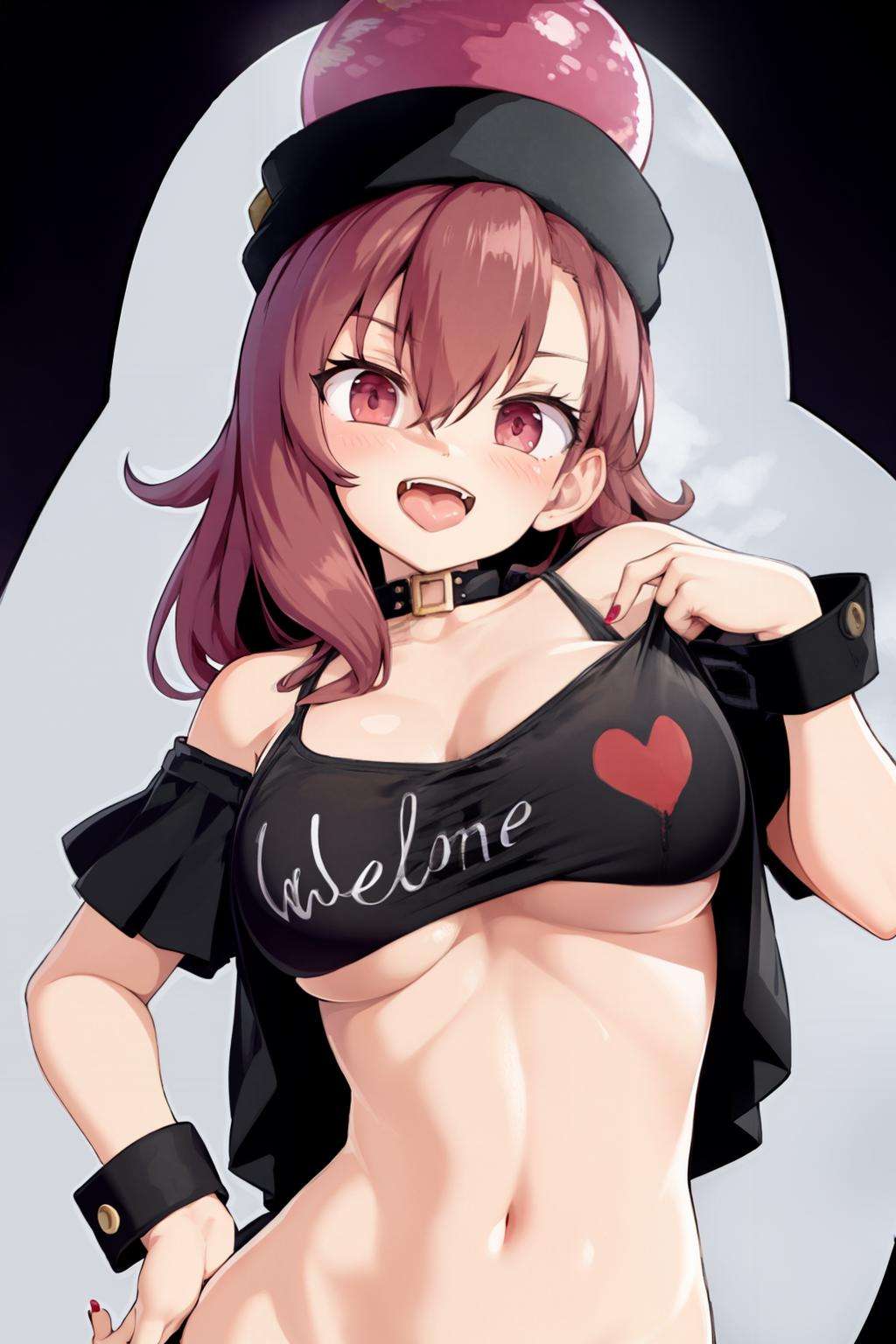 masterpiece, best quality, <lora:HecatiaLapislazuli:1>, <lora:style04:1>,1girl, breasts, solo, red hair, red eyes, shirt, open mouth, bikini, white background, swimsuit, looking at viewer, red nails, large breasts, fangs, simple background, clothes writing, polos crown, smile, black shirt, shirt lift, black bikini, off-shoulder shirt, navel, clothes lift, upper body, lifted by self, t-shirt, nail polish, bare shoulders, off shoulder, bangs, hand on hip, hair between eyes, wristband, :d, collarbone, stomach, black choker, tongue, choker, cleavage, short sleeves, long hair, underboob, jewelry, medium hair, blush, bra, underwear, black bra, teeth