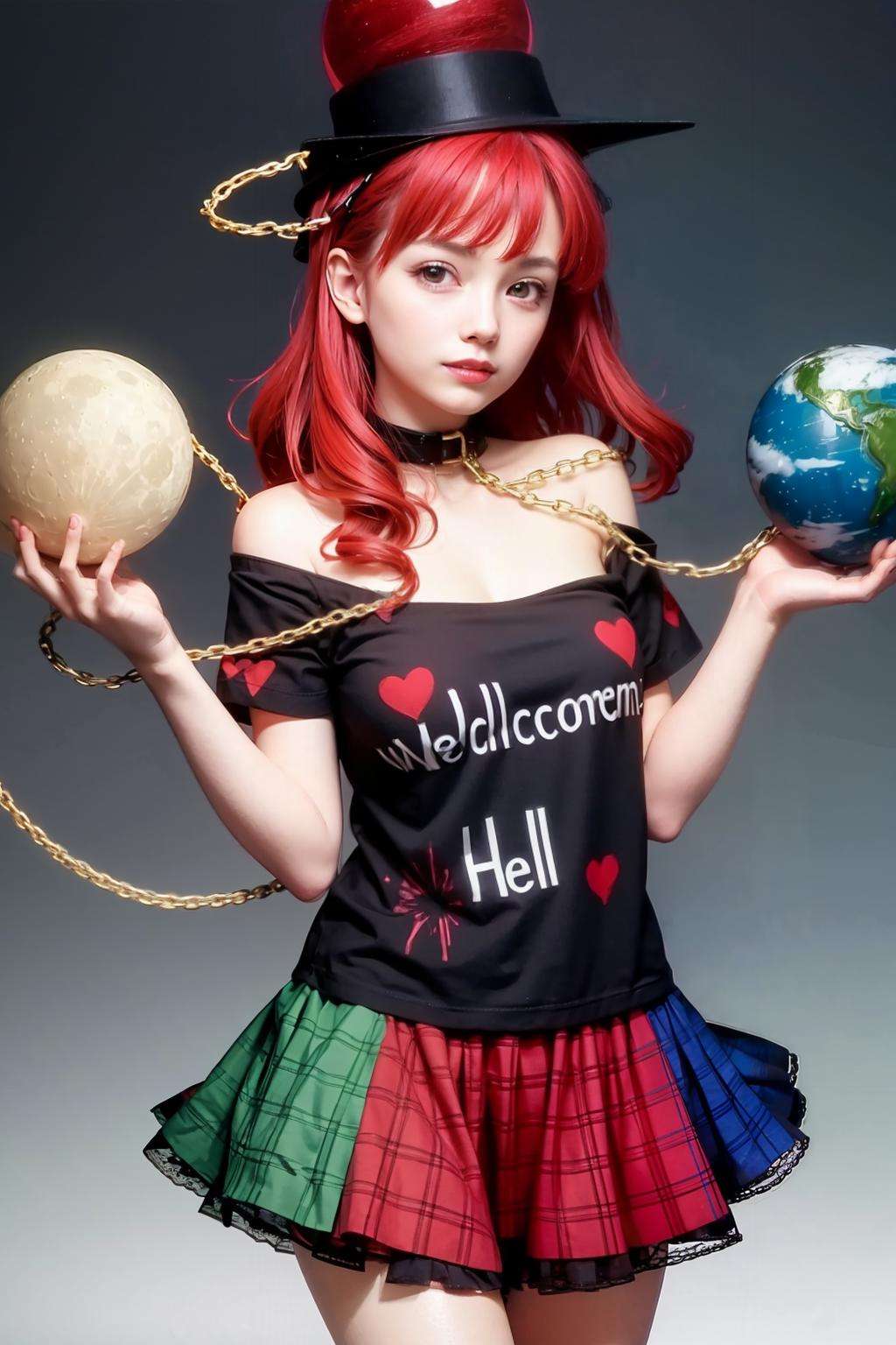 masterpiece, best quality,  <lora:HecatiaLapislazuli:1>,1girl, solo, skirt, red hair, multicolored skirt, shirt, polos crown, smile, red eyes, multicolored clothes, looking at viewer, off shoulder, clothes writing, breasts, earth (ornament), black shirt, chain, bare shoulders, cowboy shot, off-shoulder shirt, moon (ornament), collar, miniskirt, plaid skirt, plaid, medium breasts, t-shirt, collarbone, short sleeves, long hair, bangs, grin, green skirt, heart, choker, thighs, standing, red skirt, parted lips, black choker