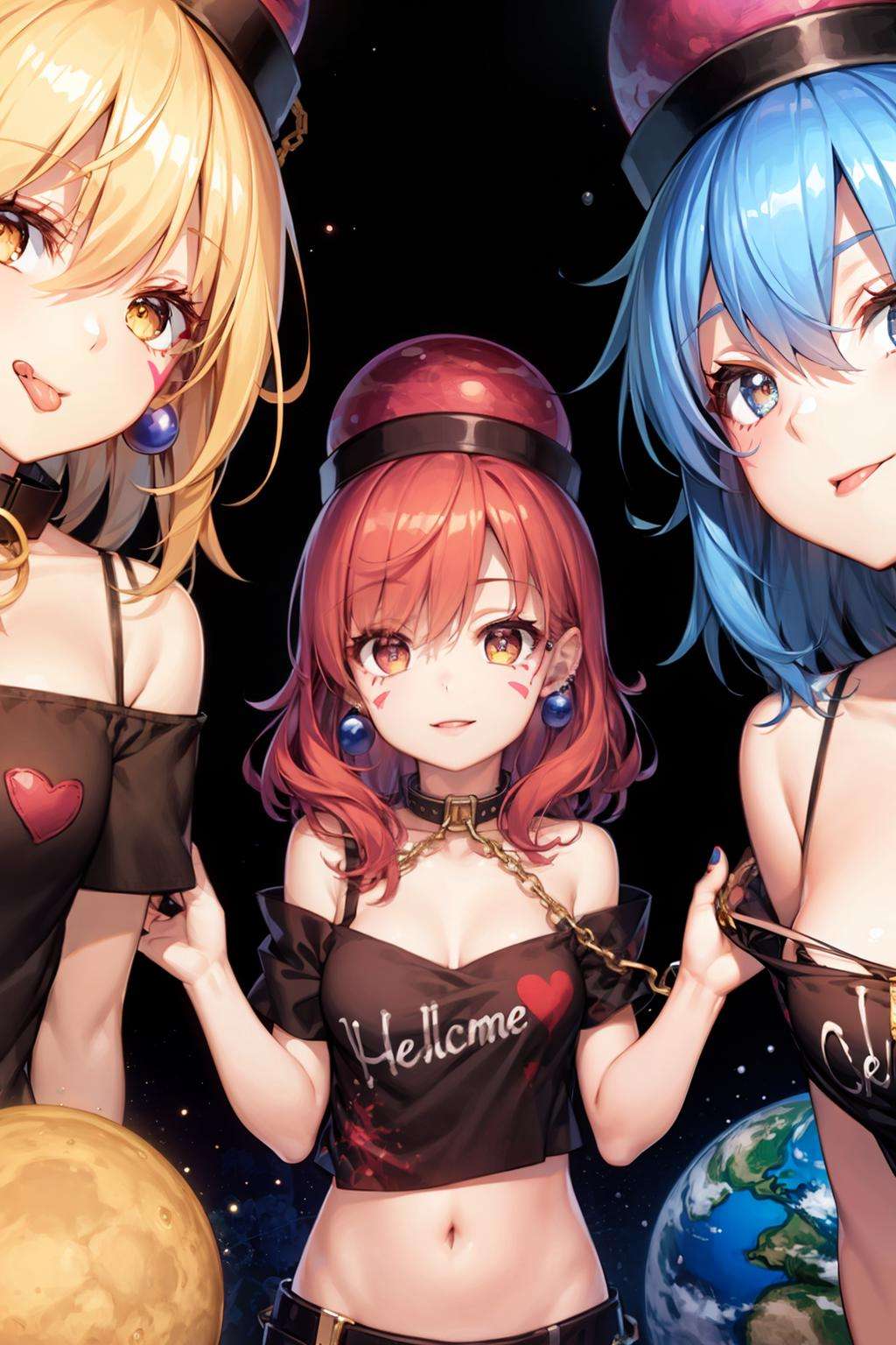 masterpiece, best quality, <lora:HecatiaLapislazuli:1>, jewelry, earrings, shirt, blue hair, 3girls, red hair, blue eyes, red eyes, blonde hair, black shirt, off-shoulder shirt, multiple girls, yellow eyes, off shoulder, heart, looking at viewer, red nails, tongue out, chain, tongue, nail polish, red background, bare shoulders, column lineup, breasts, polos crown, arms up, t-shirt, multiple persona, navel, short sleeves, collarbone, hair between eyes, smile, medium breasts, choker, star (symbol), blue background, cleavage, facial mark, parted lips, moon (ornament), short hair, bangs, earth (ornament), simple background, collar, cowboy shot, heart print, facial tattoo