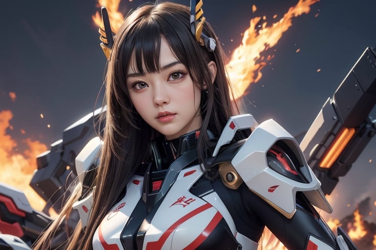 mecha_musume, metal, masterpiece, hyper Realistic, best quality, best quality, Amazing,extremely detailed, unity 8k wallpaper,  beautiful detailed face, extremely detailed CG unity 8k wallpaper, 1girl, asian, masterpiece, best quality, Amazing, beautiful detailed face, 1girl, asian,  mecha musume,  weapons, (furture battalfield background:1.35),colorful , fire