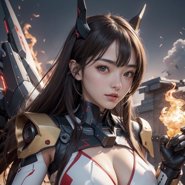 mecha_musume, metal, masterpiece, hyper Realistic, best quality, best quality, Amazing,extremely detailed, unity 8k wallpaper,  beautiful detailed face, extremely detailed CG unity 8k wallpaper, 1girl, asian, masterpiece, best quality, Amazing, beautiful detailed face, 1girl, asian,  mecha musume,  weapons, (furture battalfield background:1.35),colorful , fire