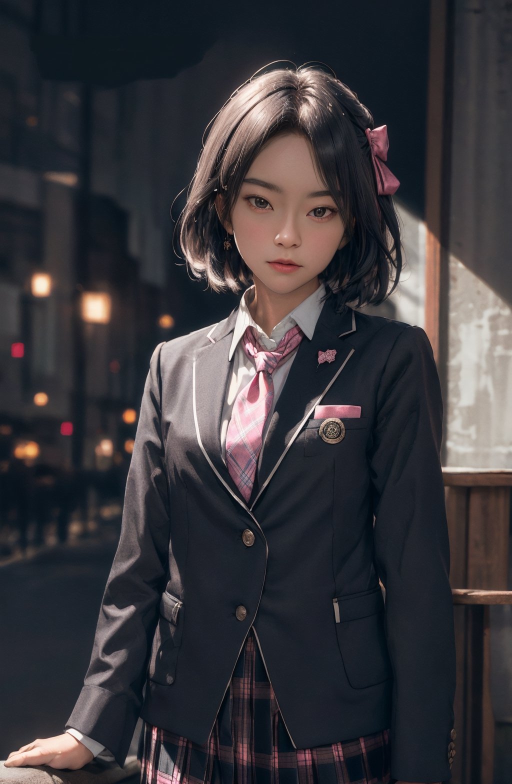 (exquisitely detailed CG unity 8k wallpaper, masterpiece-quality with stunning realism), (best illumination, best shadow), (best quality), 1girl, solo, short hair, pastel background, badge, blazer, buttons, jacket, necktie,plaid, plaid_pants, plaid_skirt, school_uniform, shirt, skirt, long_sleeves, pleated_skirt, checkered_skirt, bow, pink_neckwear, white_shirt, pink_bow, plaid_bow, plaid_dress, plaid_jacket, plaid_necktie, plaid_neckwear, plaid_ribbon, shuujin_academy_uniform, colorful, kawaii, surrounded by an ominous and dark atmosphere, accentuated by dramatic and striking lighting, imbued with a sense of surreal fantasy, fr3y4, ProduceSei