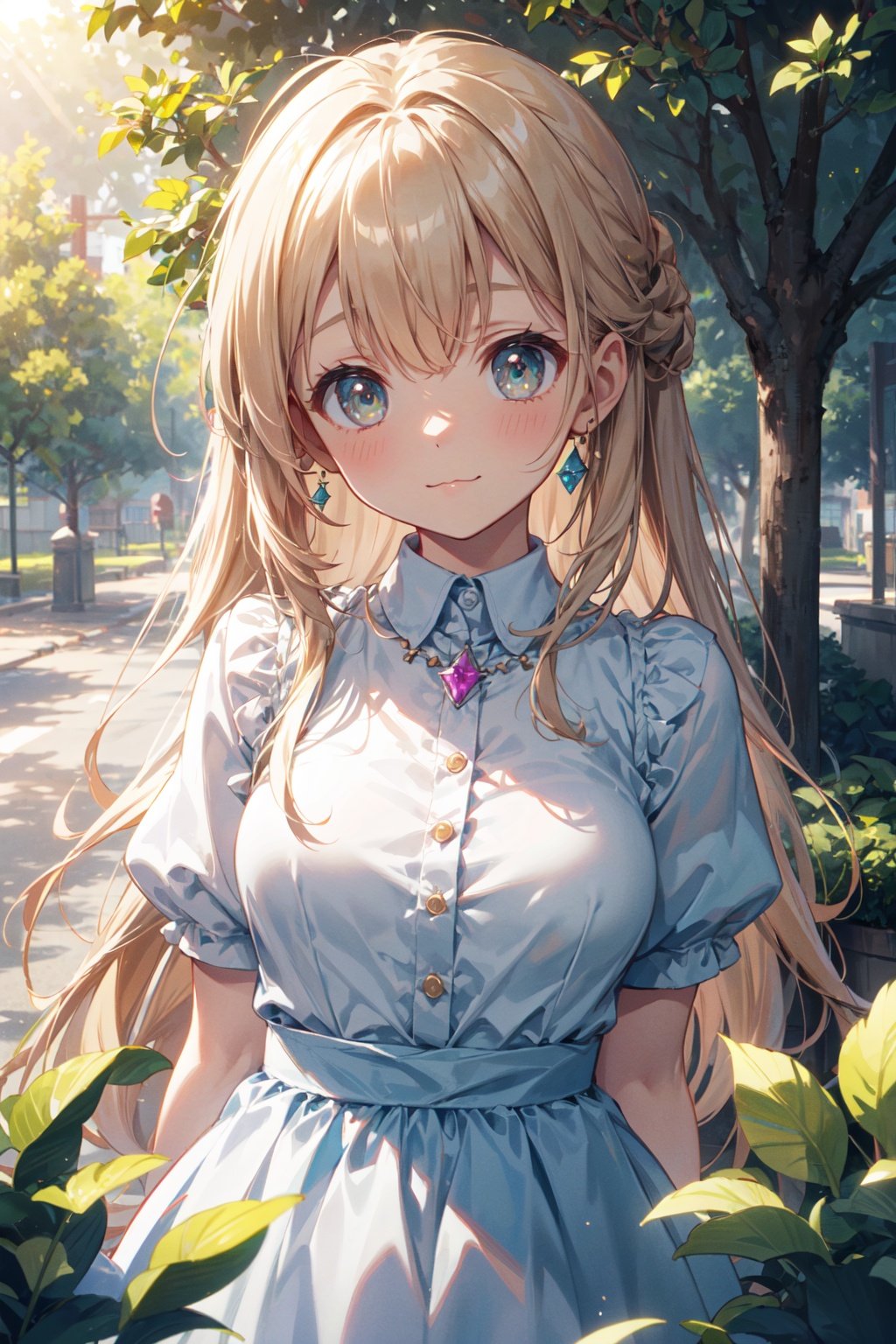 masterpiece,best quality,kawaii background, extremely detailed fine touch,extremely detailed CG unity 8k wallpaper, highres, wallpaper, ray tracing, (sunlight:1.2),solo, female child, solo, luminous eyes, perfect female body, gem necklace, bangs, :3, arm behind back,tube dress, Very long hair, Bronze hair,upper body, breasts focus, perspective,outdoors, pine tree, lily \(flower\), clover, lawn, park,<lora:add_detail:0.6>