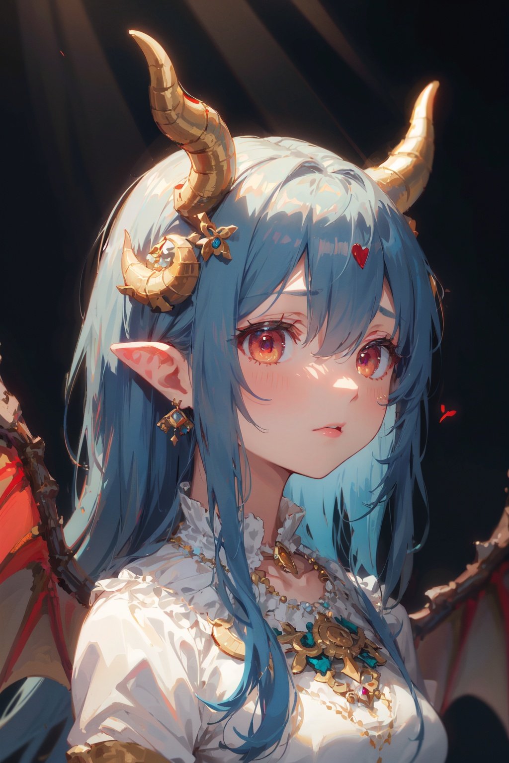 Masterpiece, best quality, ultra-detailed, color full, God rays, ray tracing, beautiful detail eyes, extremely detailed, highres, best quality, an extremely detailed and delicate, 8k cg wallpaper,(Dragon girl), Dragon tail, Dragon Wings, Dragon horns, red eyes,(portrait:1.3),hair ornament, jewelry, crescent hair ornament, carrot hair ornament, hair beads, necklace, bow,long hair, pointy ears,dress,