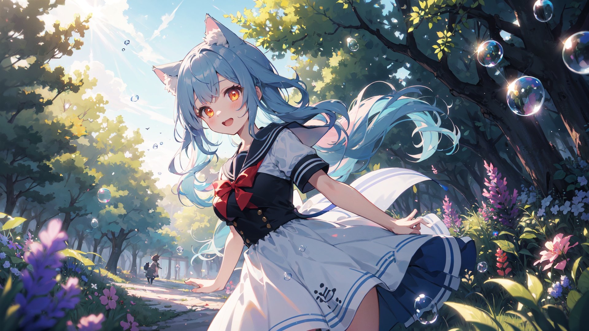 masterpiece,best quality, fantasy illustration, kawaii background, extremely detailed fine touch, highres, wallpaper, ray tracing, sunlight,solo, 1girl, loli, perfect female body, breasts, (cleavage:0.8), cat ears, animal ear fluff, light blue hair, wavy hair, orange eyes, bangs, light blush, delighted,sailor dress, cowboy shot,(super wide shot,:1.1),((colorful bubble)),(floating),detailed light,outdoors, pine tree, lavender \(flower\), clover, lawn, garden,