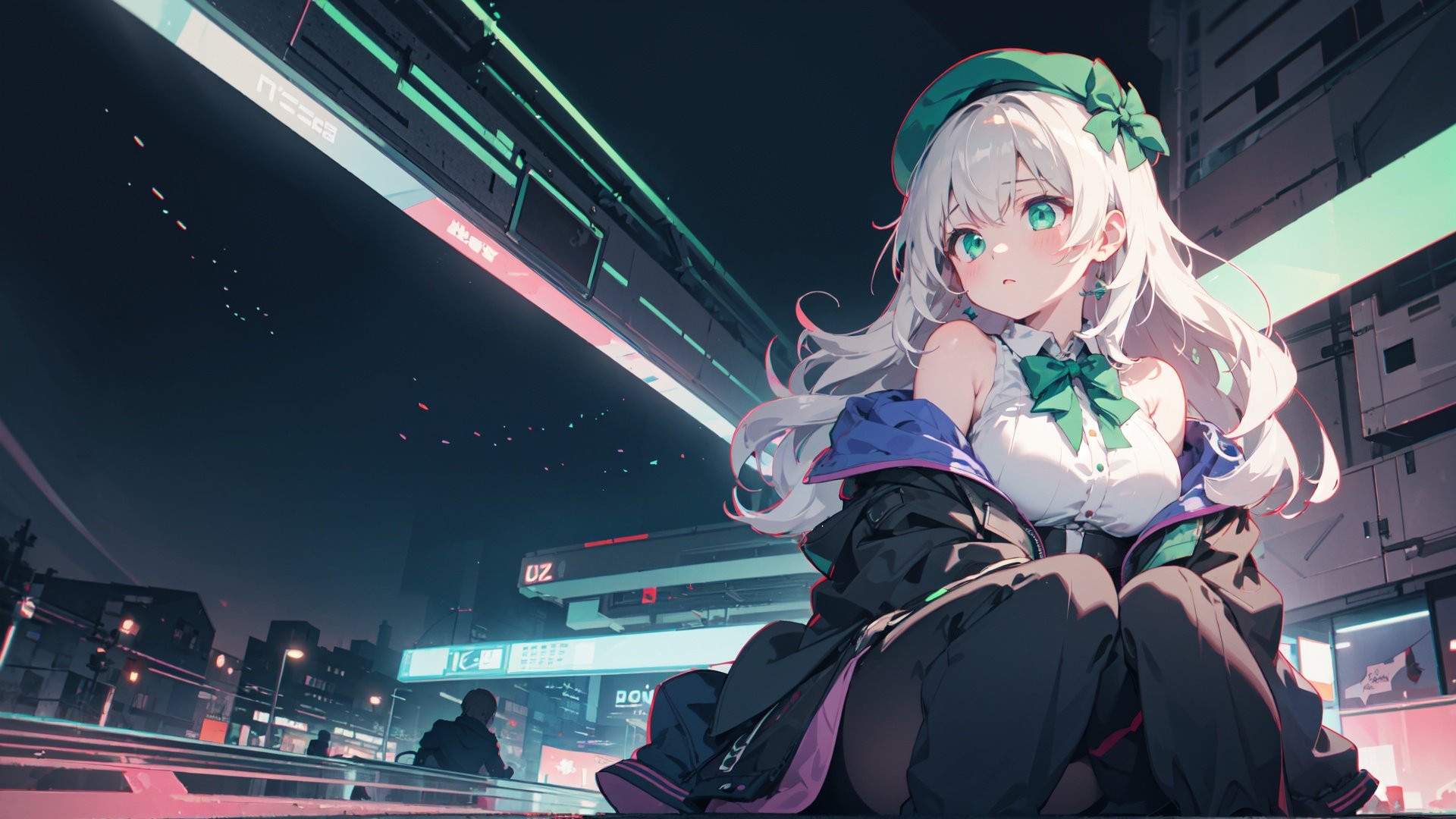 masterpiece, best quality, extremely detailed CG unity 8k wallpaper,game_cg, artbook, wallpaper, colorful,1girl, beret, bowknot on beret, wearing an off- shoulder floating jacket,  wavy delicate hair, delicate face, bare shoulder, sitting on the top of the building,   beautiful and delicate eyes, solo, big breasts, delicate background, streets with neon lights,wide shot,green fluorescent paint, noline art, silhouette, partially colored, (alternate color), (green and dark violet), dark violet shadow, (synth wave), (chromatic aberration), (((thick) outline)), green outline, green neon lights, perfect shadow,