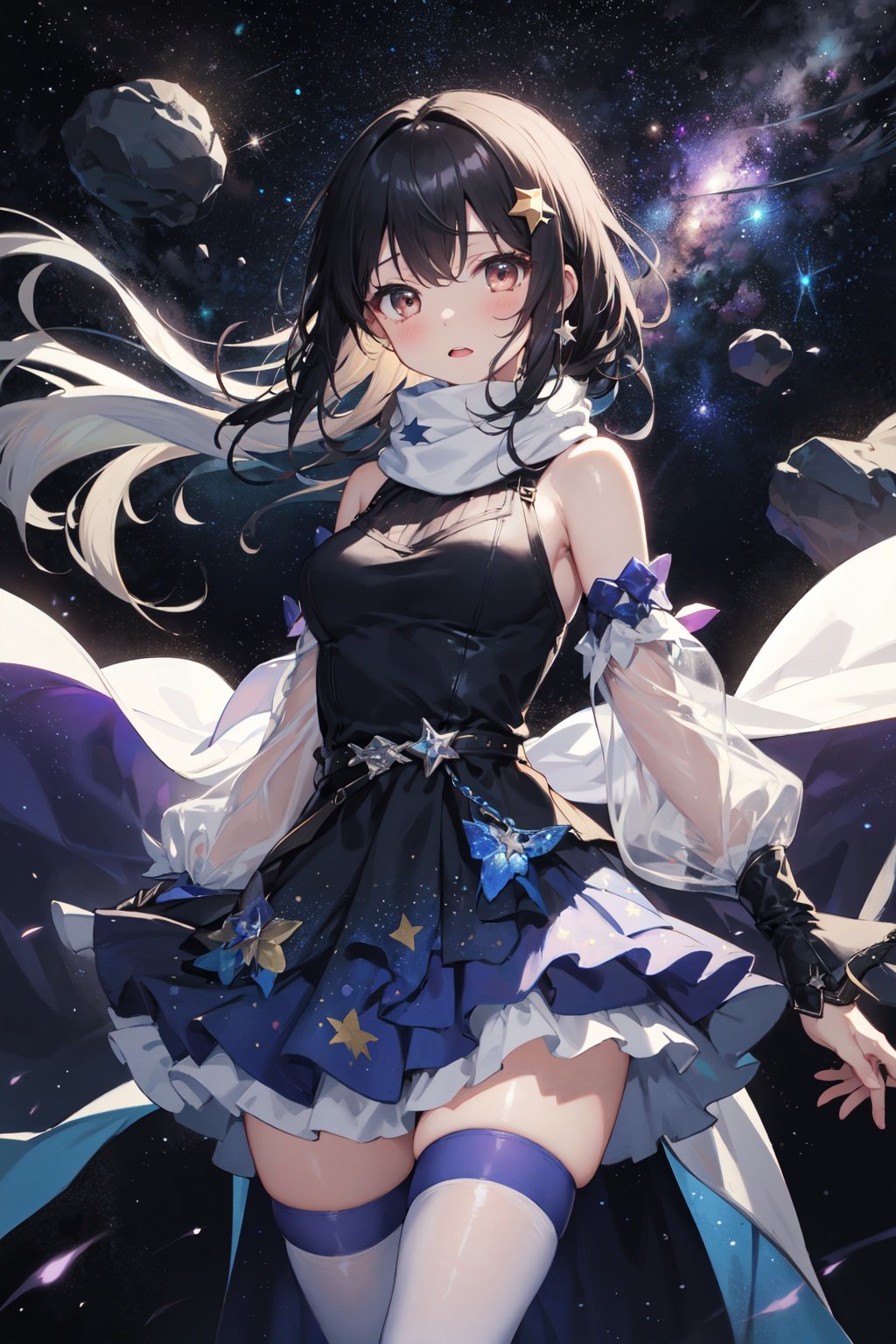 (pixiv masterpiece),best quality,1girl,cute,kawaii,1girl,black hair,long hair,brown eyes,star glint hair ornament,medium breasts,bare shoulders,detached sleeves,shiny blue and purple starry print dress,layered dress,starry background,void space,glints,floating light particles,cowboy shot,thighs,leg,sweater,translucent coat,legwear,see-through legwear,scarf,