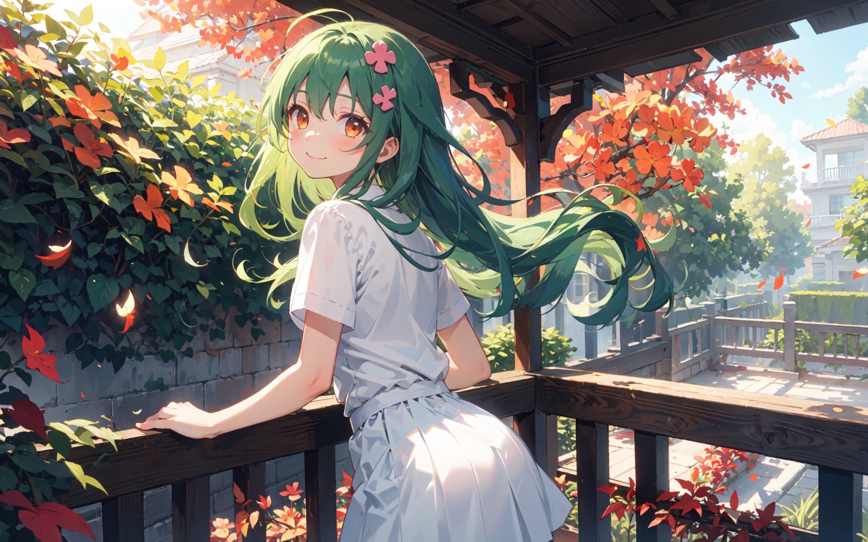 masterpiece, best quality, sunlight,red leaves fluttering,from behind,white skirt solo,leaning against the railing,a sweet smile,pixiv masterpiece,1girl,cute,kawaii,small breasts,green hair,orange eyes,clover hair ornament,long hair,disheveled hair,messy hair,