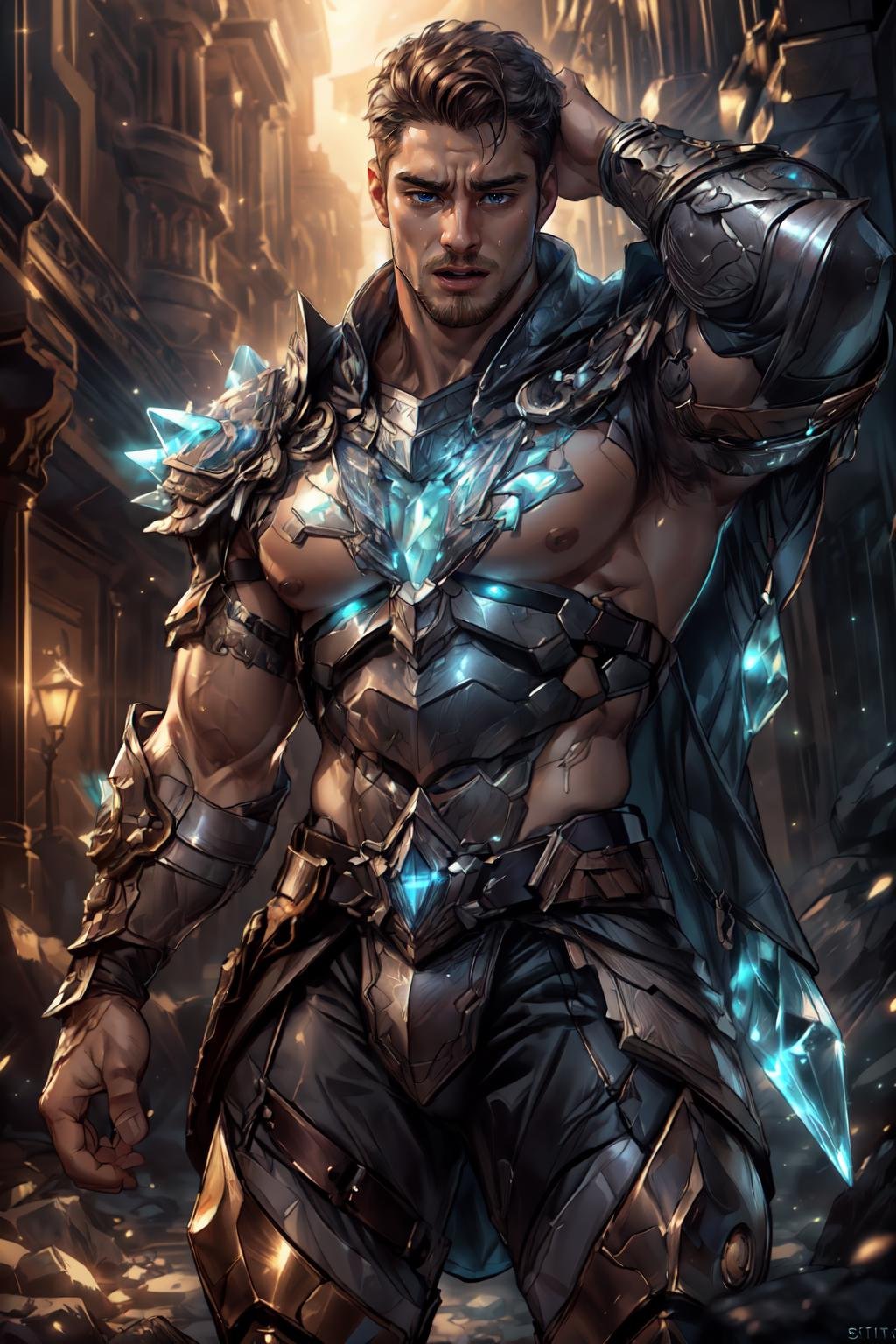 <lora:Clothing - Crystal Armor:.5>, (CRYSTAL4RMOR, CRYSTAL, GLOWING, SPARKLE)(homoerotic), masterpiece, highly detailed face and skin, hyperrealistic, male only, bara, mature, stubble, muscular male, handsome, male focus, spot lights, volumetric lighting, dramatic lighting, bokeh,  (close-up shot), ((cinematic lighting, realistic, detailed background, clear texture, best background, depth of field,light particles,(Balance and coordination between all things),real light and shadow, perspective, composition, adventurous, energy, exploration, contrast, experimental, unique <lora:style_adddetail:.7><lora:style_breakrealize:-1>,from below, arms up, (detailed background, cinematic, detailed, atmospheric, epic, concept art, masterpiece, best quality, 8k, ultrarealsitc), realistic,