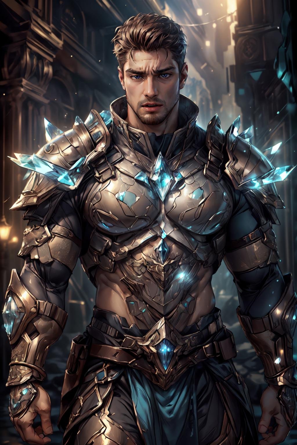 <lora:Clothing - Crystal Armor:.5>, (CRYSTAL4RMOR, CRYSTAL, GLOWING, SPARKLE)(homoerotic), masterpiece, highly detailed face and skin, hyperrealistic, male only, bara, mature, stubble, muscular male, handsome, male focus, spot lights, volumetric lighting, dramatic lighting, bokeh,  (close-up shot), ((cinematic lighting, realistic, detailed background, clear texture, best background, depth of field,light particles,(Balance and coordination between all things),real light and shadow, perspective, composition, adventurous, energy, exploration, contrast, experimental, unique <lora:style_adddetail:.7><lora:style_breakrealize:-1>,upper body, reach out, (detailed background, cinematic, detailed, atmospheric, epic, concept art, masterpiece, best quality, 8k, ultrarealsitc), realistic,